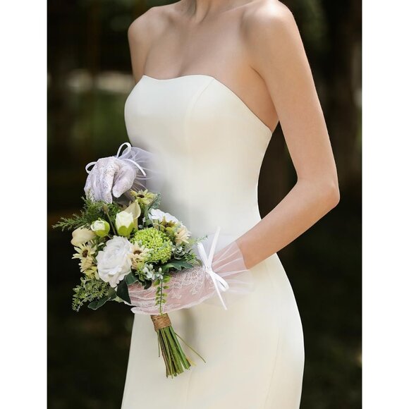 Women's Black Mesh Pearls Bow Short Lace Gloves Elegant Tea Party Party Tulle - Picture 3 of 5